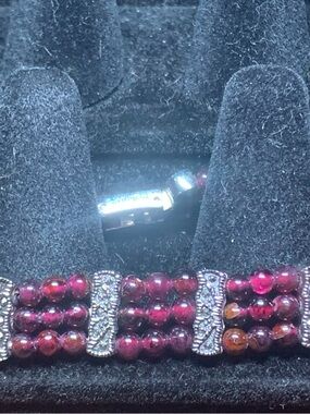 Triple-Row Garnet Bead Bracelet with Silver Accents
